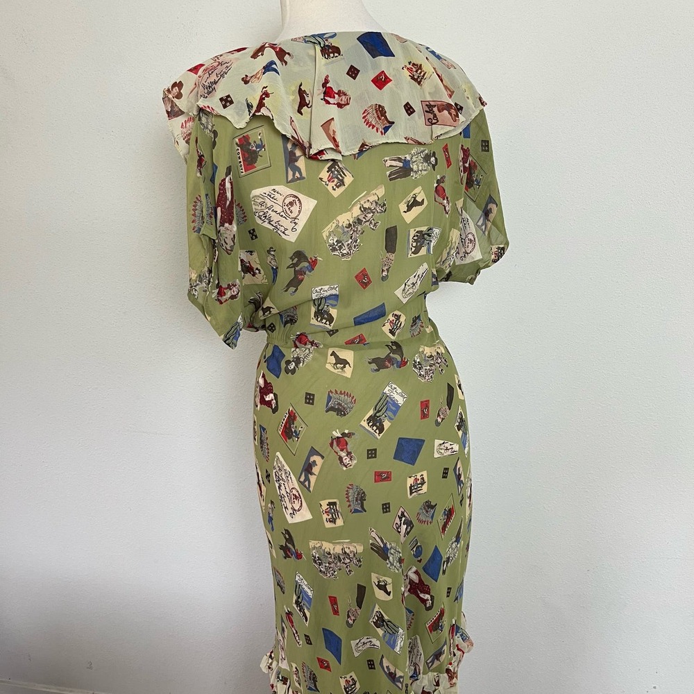 Vintage 90s Does 30s Green Novelty Print Cowboy Maxi Dress // Size Large - Picture 4 of 9